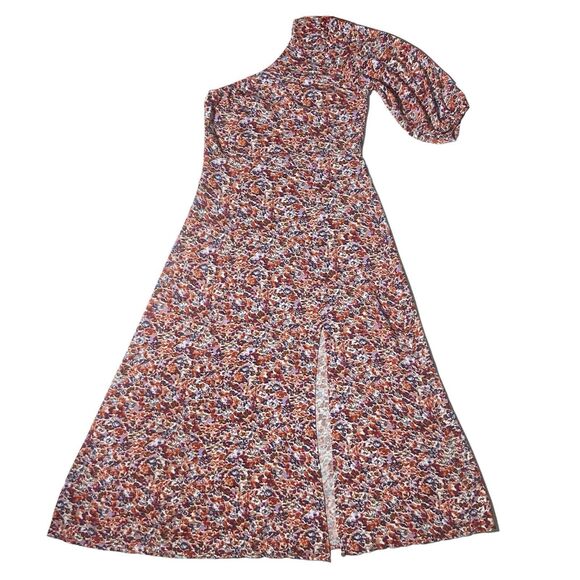 American Eagle One Shoulder Multicolor Floral Dress Size S Fit Flare Front Slit - Picture 5 of 7